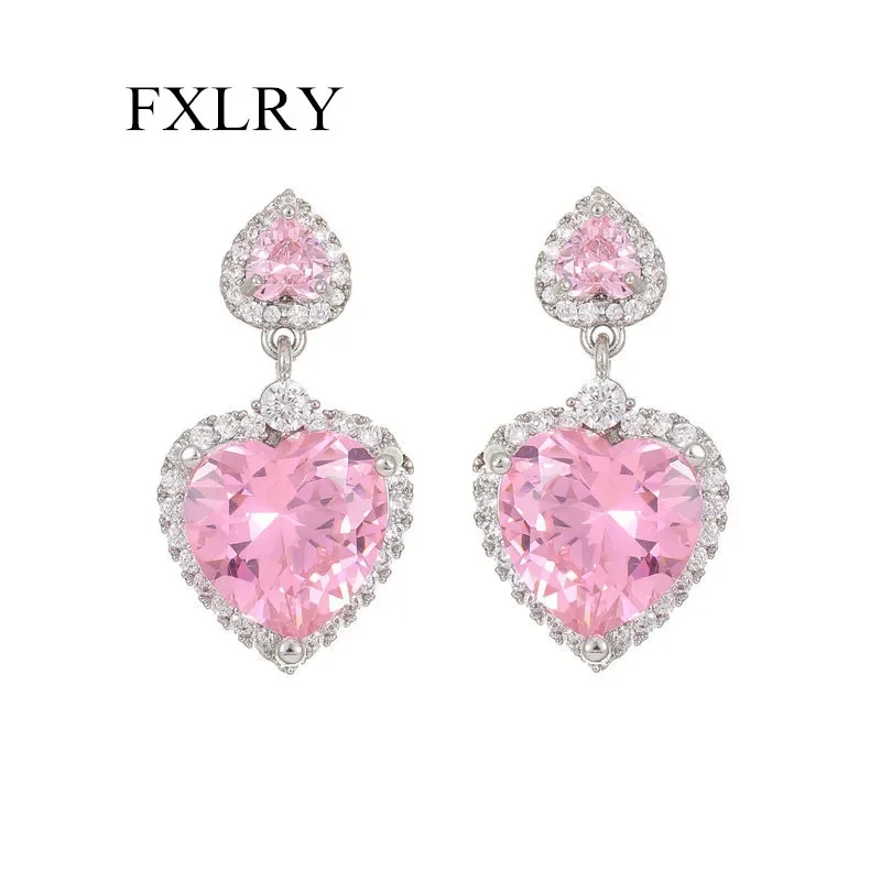 FXLRY New Design s925 Silver Needle Sweet Superflash Zircon Iinlaid Pink Love Earrings For Women Wedding Gift