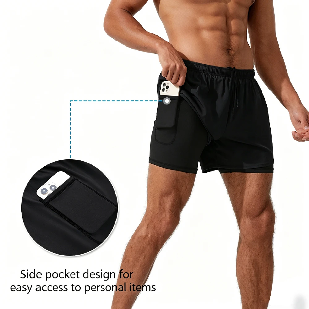 1Pcs Quick Dry Mens Athletic 2 in 1 Shorts with Built-in Compression Boxer, Lightweight Running Gear with Side Zip Pockets