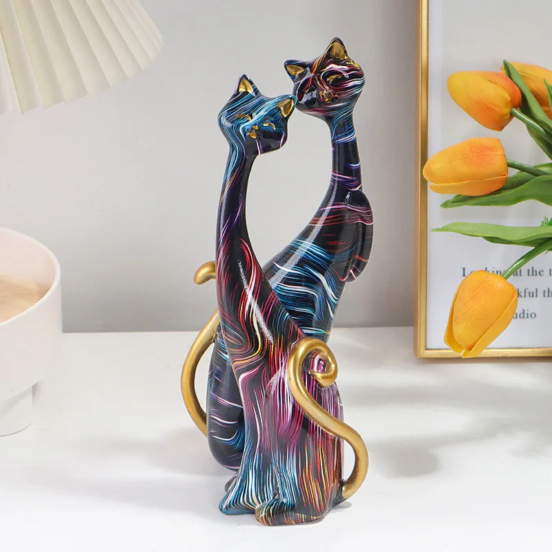 

2 Pcs Cat Statue Desk Home Decor Couple Cats Colorful Painted Animal Resin Figurines Interior Room Table Accessories Home Decor