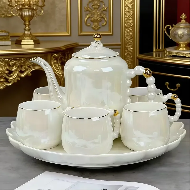 Luxury Ceramic Tea Set with Rotating Tray Elegant Afternoon Tea Coffee Cup and Teapot Set for Hotel and Home Use