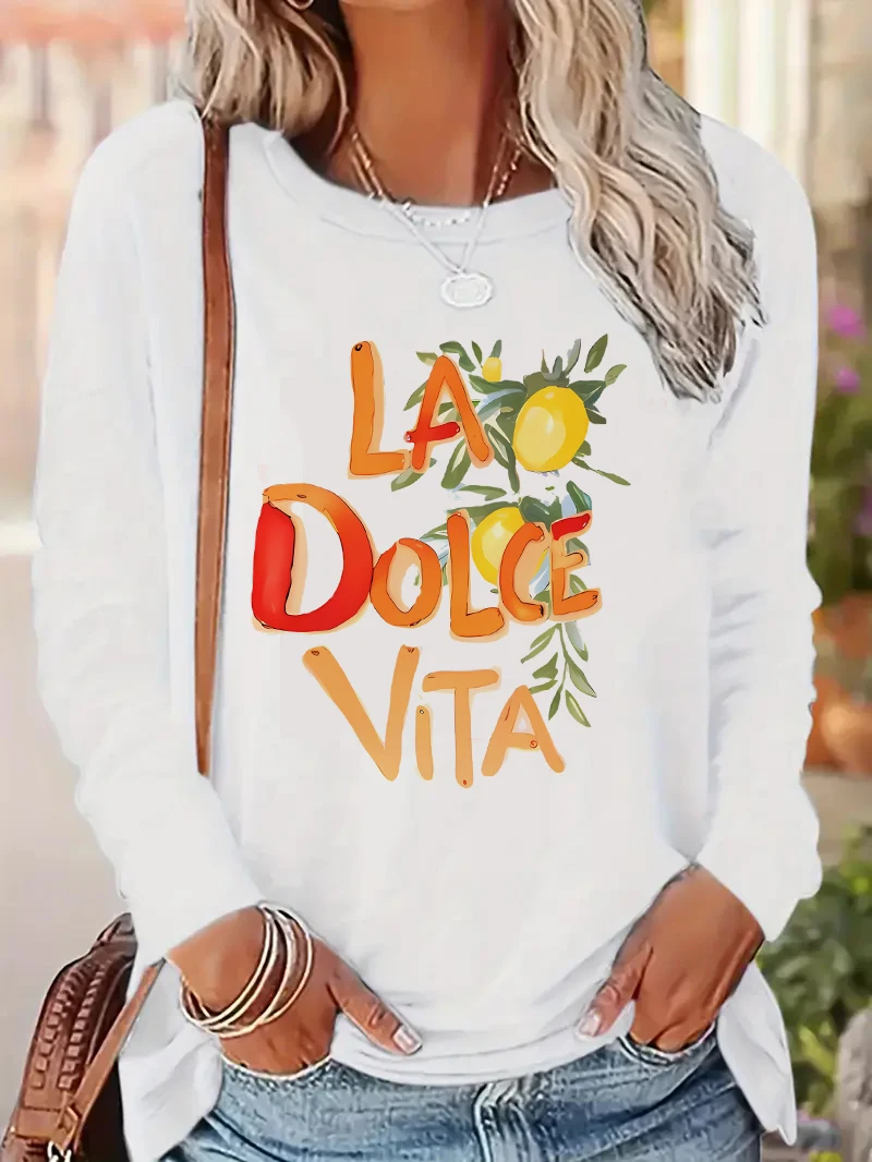 

La Dolce Vita Lemon Printed Long Sleeve Shirt Woman T Shirt Women's Print T-Shirt Crew Neck Top Tee Tshirt Casual