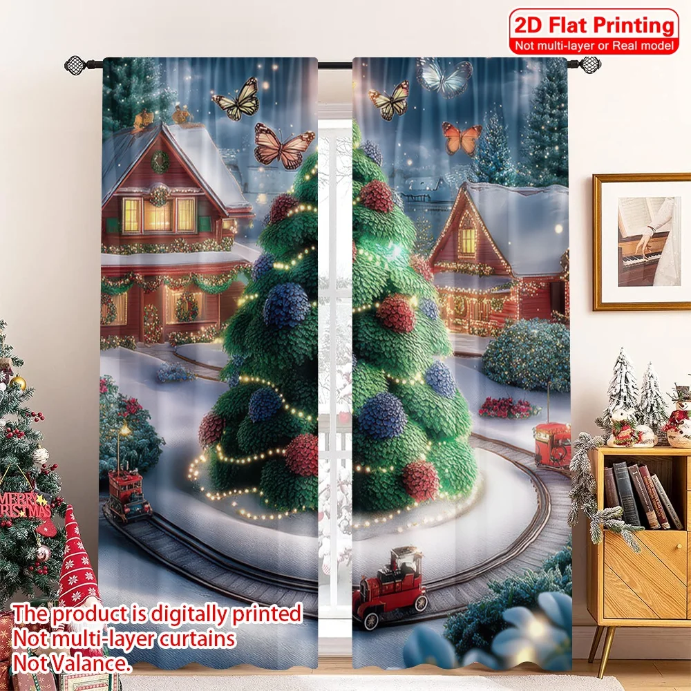 

2pcs 2D flat printing Christmas Curtain Butterfly Blue and Orange Flower Butterfly Polyester Without Electricity Family Party