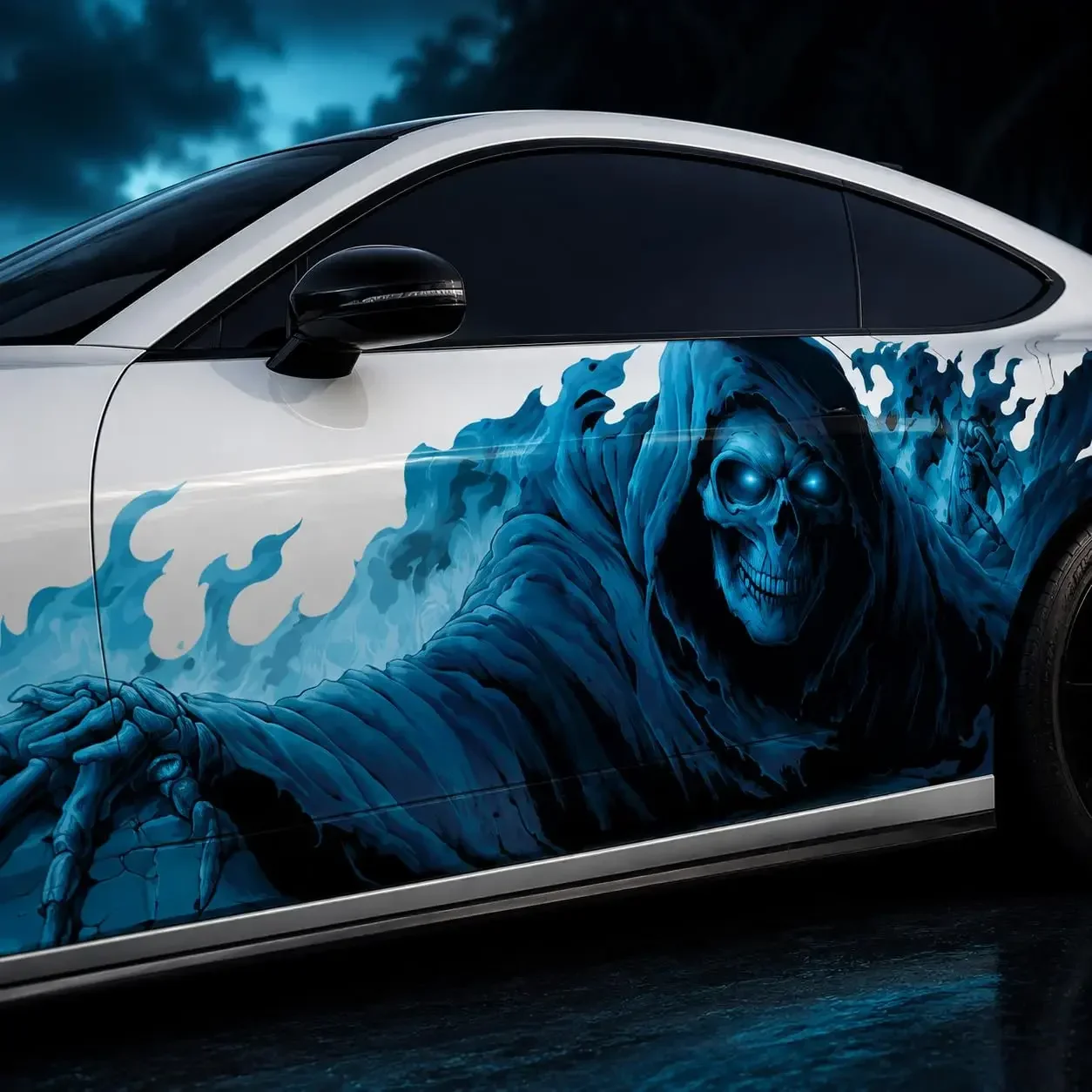 2pcs Grim Reaper Blue Flame Car Side Vinyl Wrap Decal Sticker