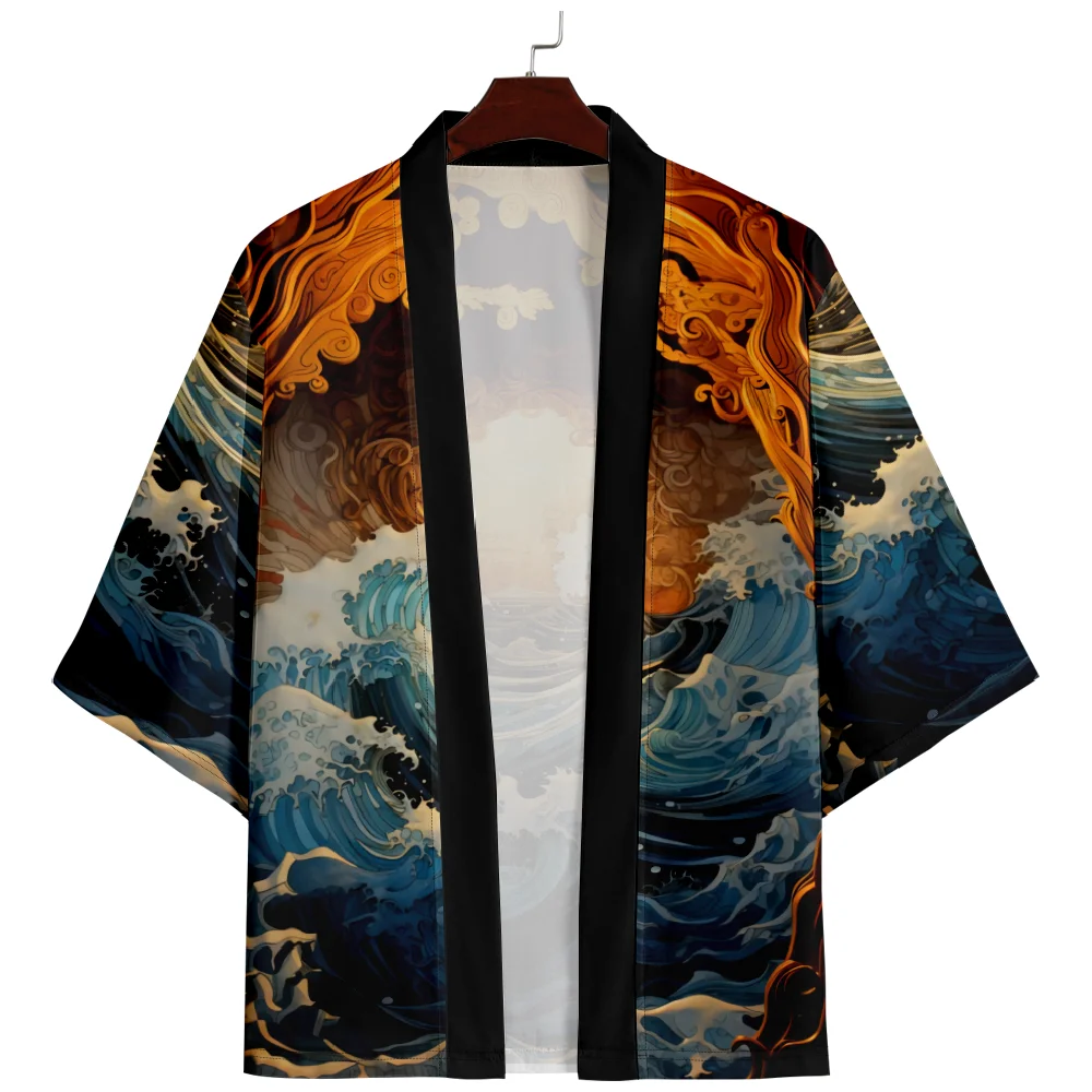 Japanese Ukiyo Wave Print Traditional Kimono Women Men Yukata Cardigan Shirts Cosplay Haori Oversized Streetwear Tops