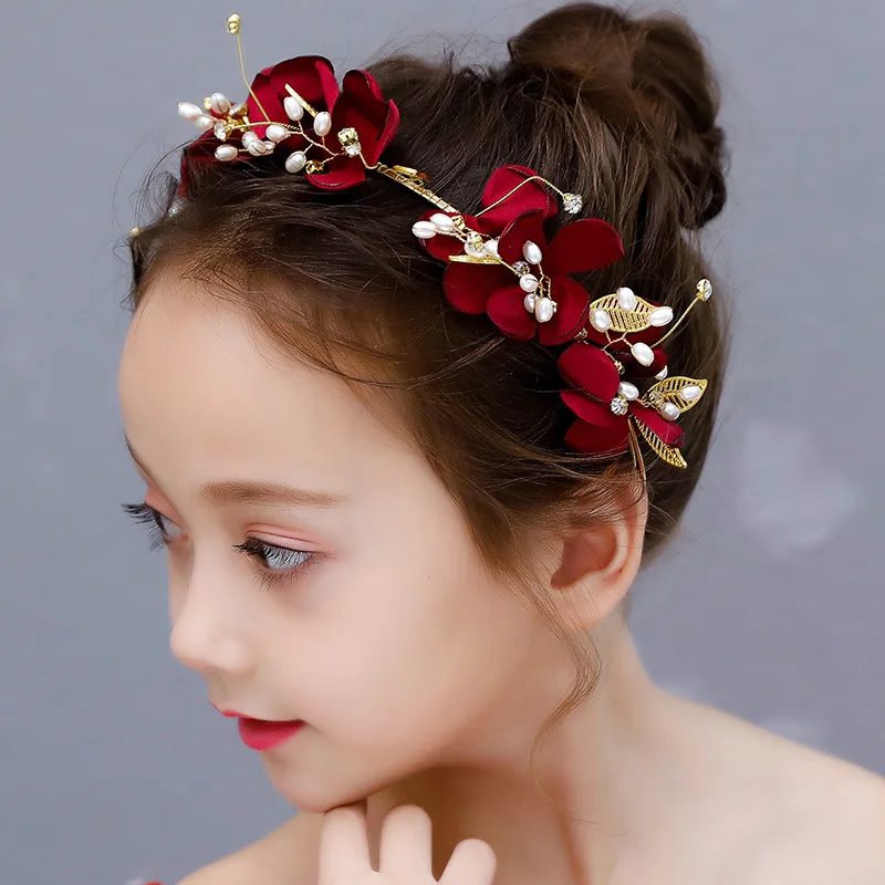 2023 Chinese Hair Headwear Accessories For Kids Vintage Red Flower Pearl Hairbands Bridal With Earrings Wedding Hair Jewelry