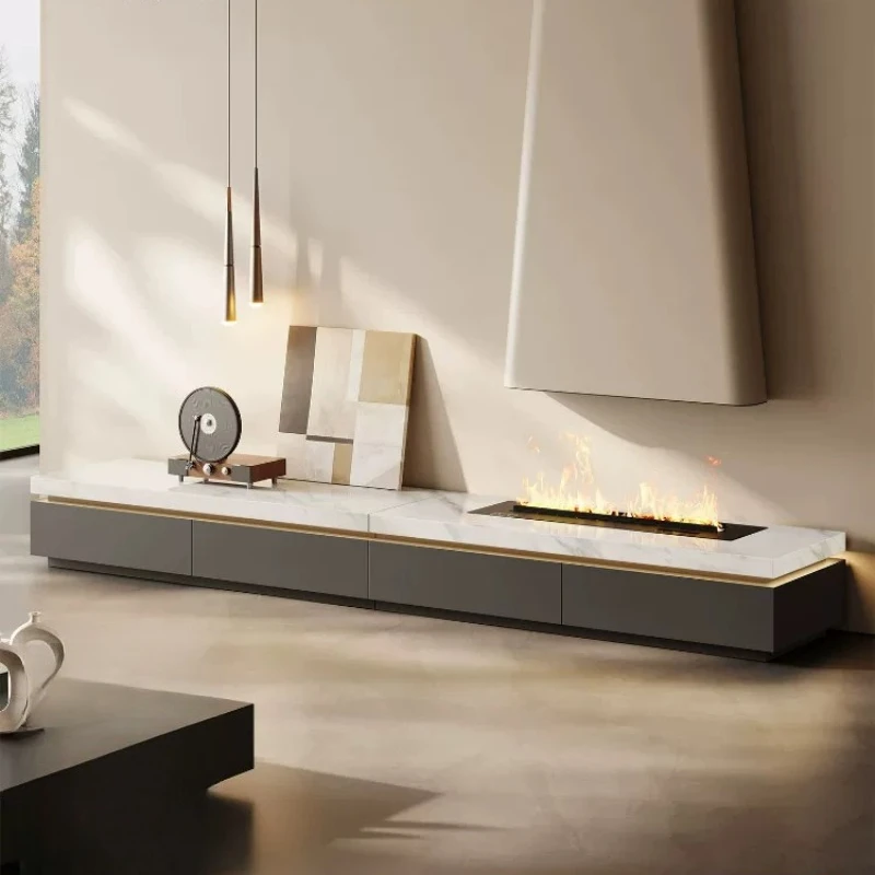 YJQ Natural Luxury Stone TV Cabinet Floor Cabinet Minimalist Living Room Floor TV Cabinet with Fireplace