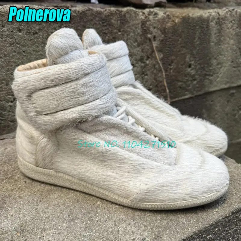 

Hairy Fur High Top Sneakers Brand Designer Genuine Leather Lace Up Short Boots for Men Women Autumn Winter Casual Couple Shoes