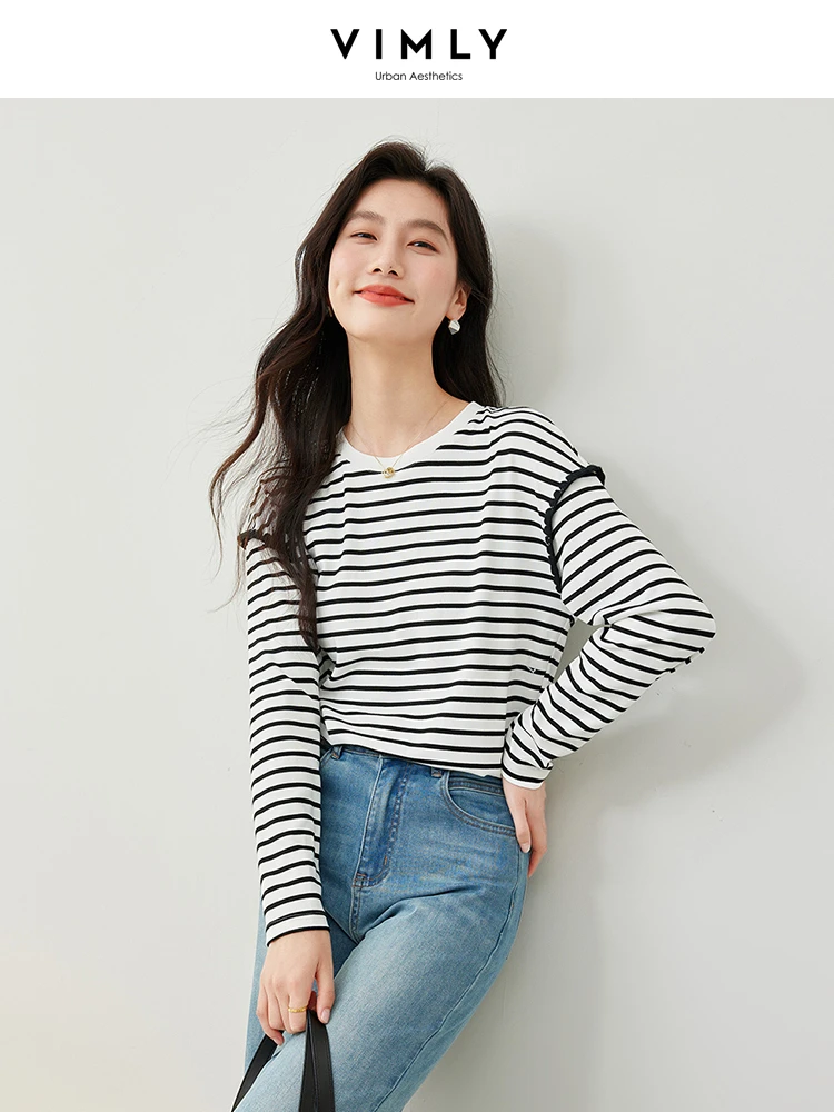 Vimly Women\'s Casual Fashion T-shirt 2024 Spring Black White Striped O-neck Long Sleeve Top Basic Tees Female Clothing M6750