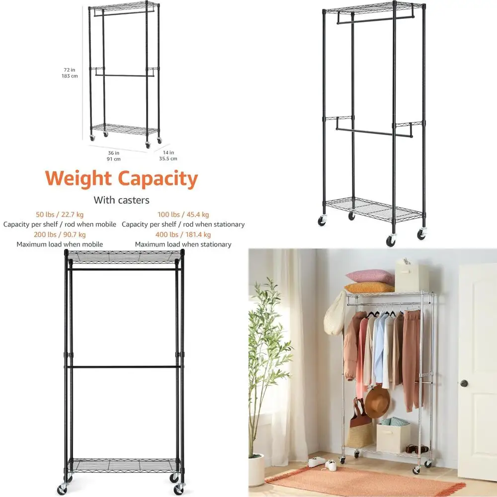 

Прочная регулируемая двухштанговая напольная вешалка для одежды на колесиках, 36 x 14 x 72, черная