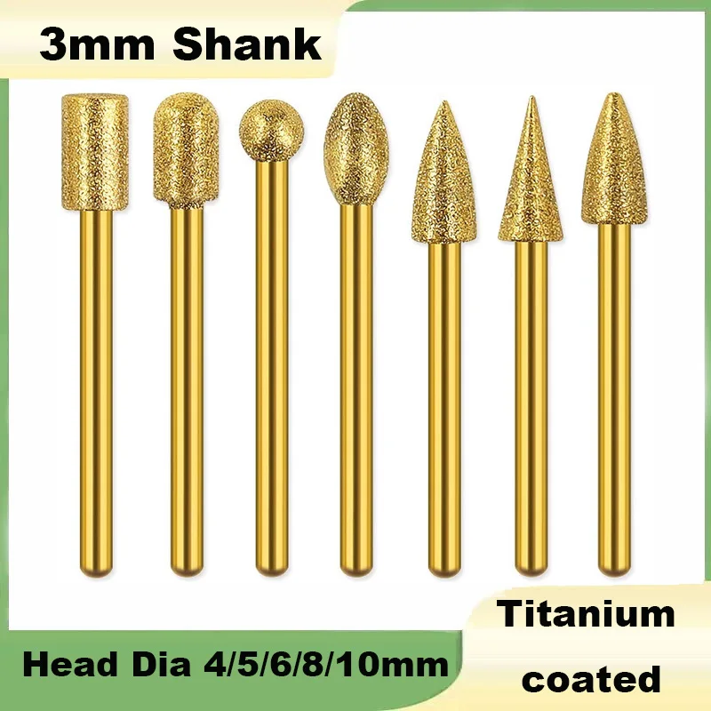 1Pcs 3mm Shank Titanium-coated diamond grinding head 4/5/6/8/10mm Super-hard Metal Jade Polishing Tool Electric Grinding