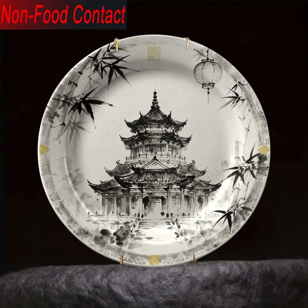Plano 2D, placa decorativa de cerámica con temática china de 1 pieza: contacto sin alimentos, arquitectura tradicional asiática y diseño de linterna,