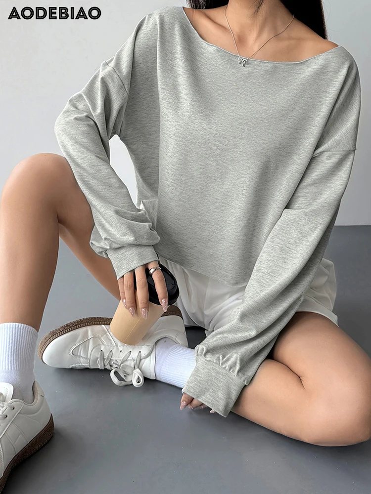 

AODEBIAO Grey Hoodie Women Autumn Long Sleeves Fashion Solid Loose Hoodie Top Sweet Sexy O-Neck Casual Hoodie Women Streetwear