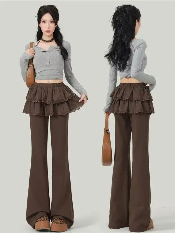 High Waist Casual Pants Women's Spring Autumn Slimming Tassel Bell Bottoms Ballet Style Fake Two-Piece Loose Fit Trousers