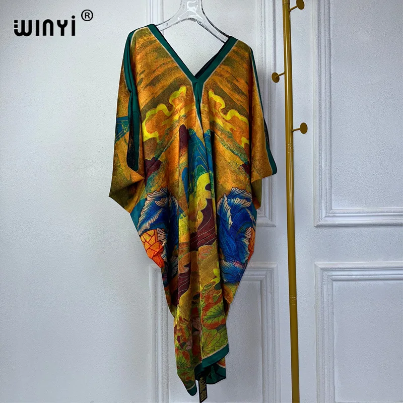 

WINYI Beach Dress High Quality V-NECK Print Elegant maxi dress Women Evening party kaftan abaya muslim woman abaya dubai luxury