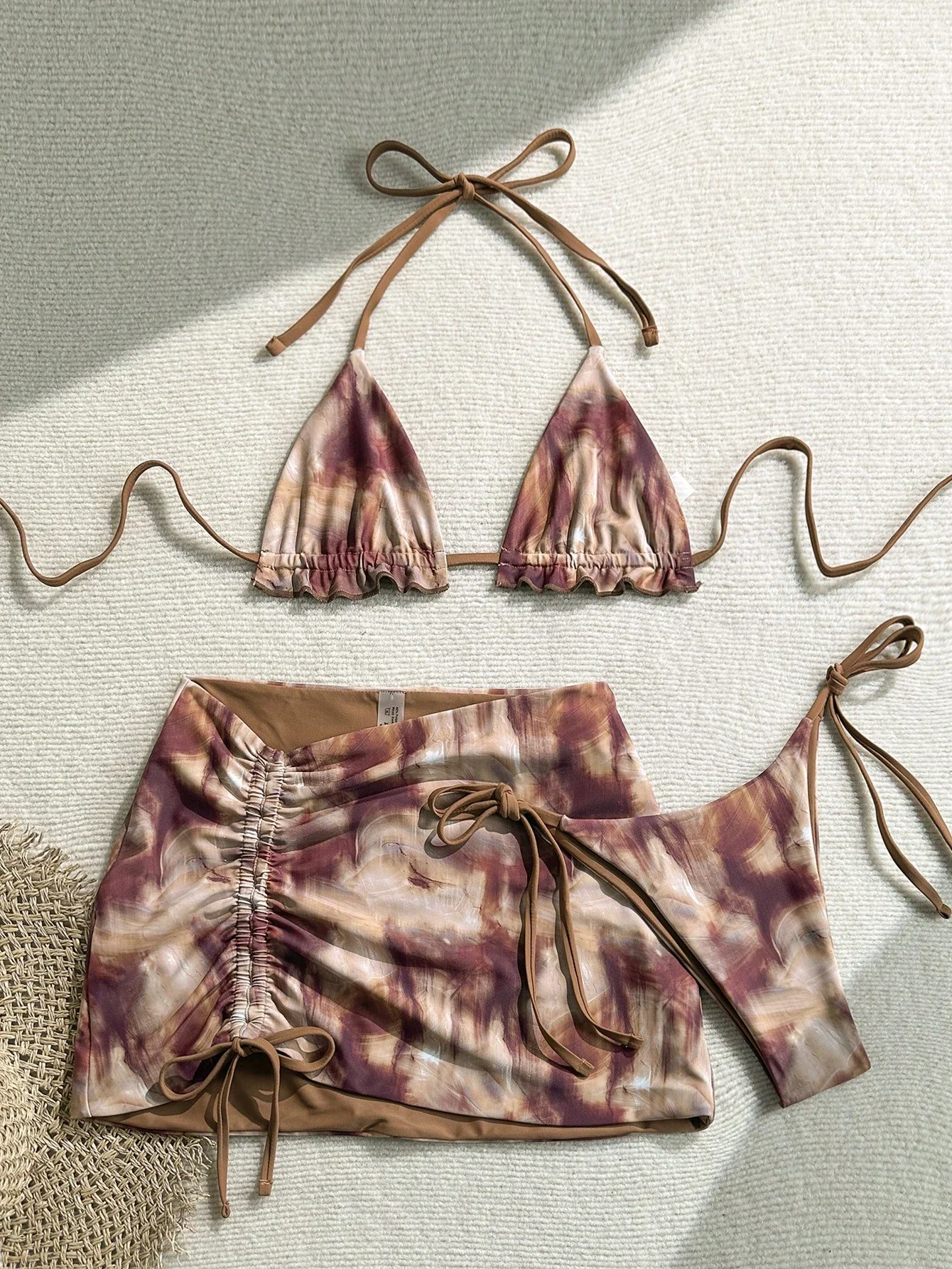 

Tie-Dye Print Halter Drawstring 3-Piece Bikini Set For Women Beach Vacation
