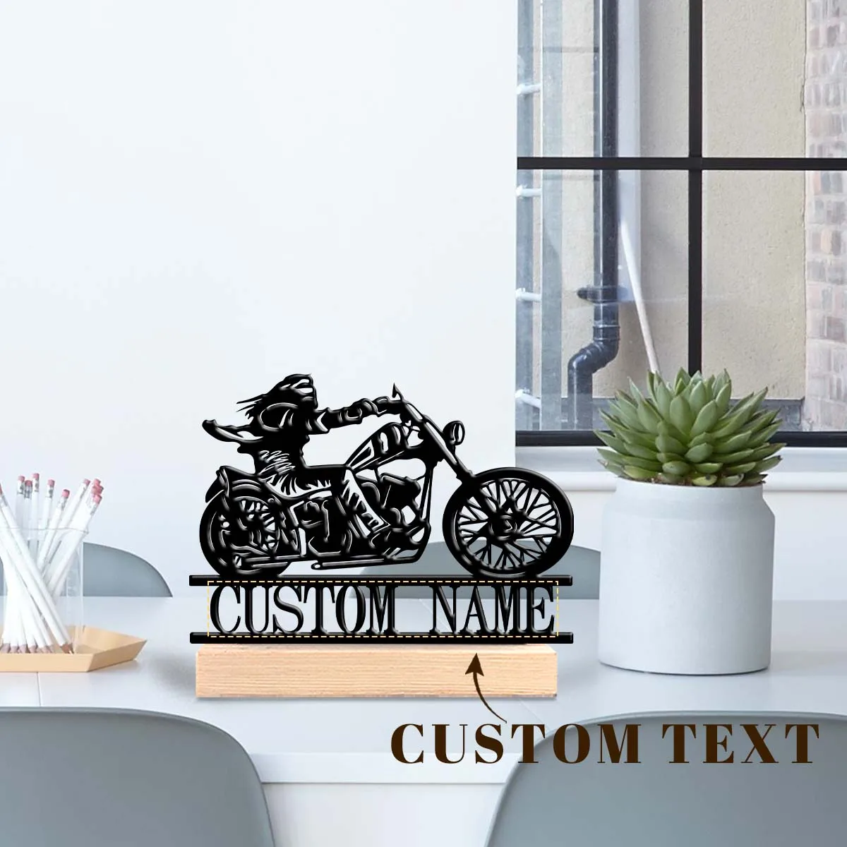 1 Pieza de Arte Metálico Personalizado con Base de Madera de Motociclista, Decoración de Escritorio para Hogar, Oficina, Hotel, Cafetería, Club, Regalo para Familiares y Amigos
