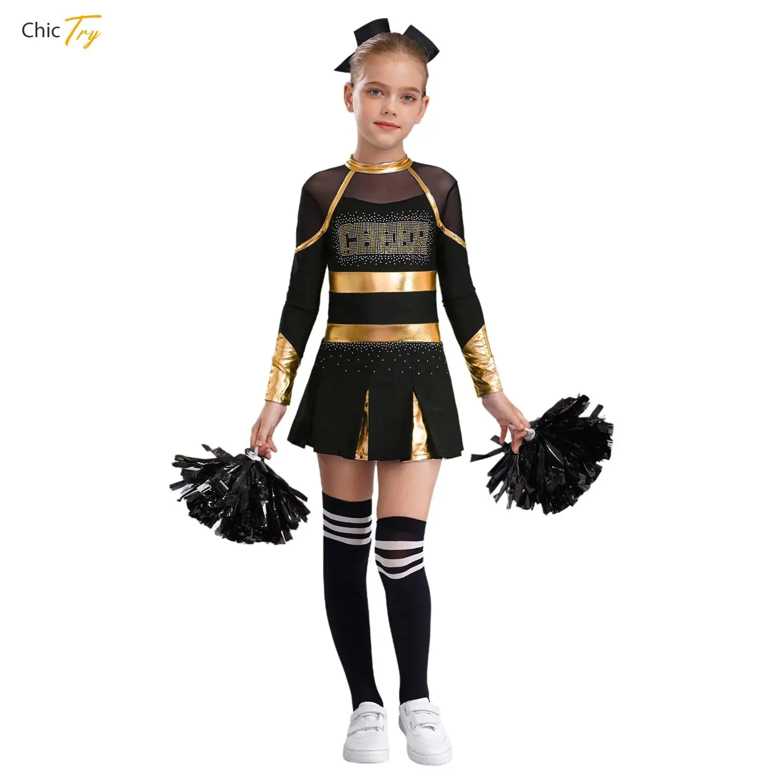 

Kids Girls Cheer Leader Costume Cheerleading Dance Uniforms Sports Cheer Up Dress Shiny Sports Uniform