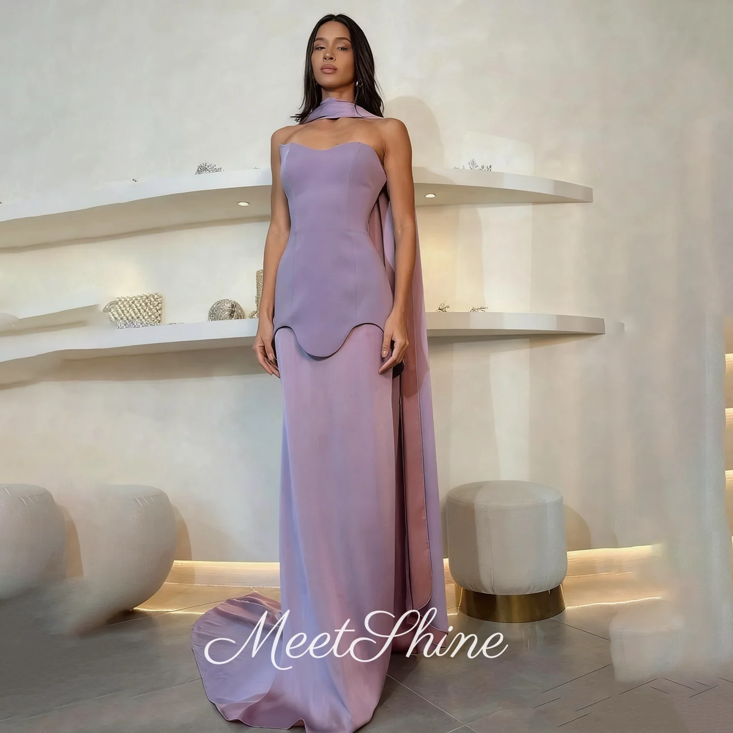 

Romantic Light Purple Mermaid Satin Strapless Prom Dresses Modern with Scarf Evening Dresses فساتين سهرة Customized