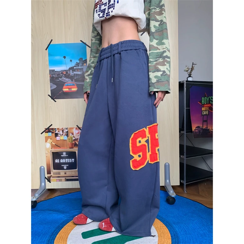 Women's Retro Letter Patterned Casual Pants Hip-hop Wide Leg Trousers Cool Girls Street Bottoms Female High Waist Sweatpants