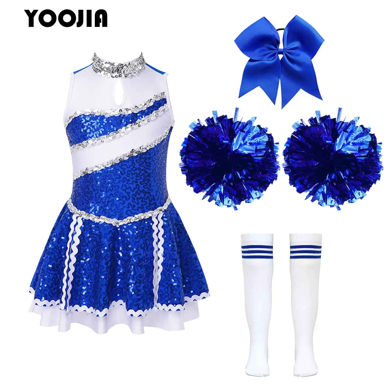 

School Girls Cheer Dance Outfit Kids Cheerleading Uniforms Sequin Cheerleader Dress with Headwear Hand Flowers Striped Socks Set
