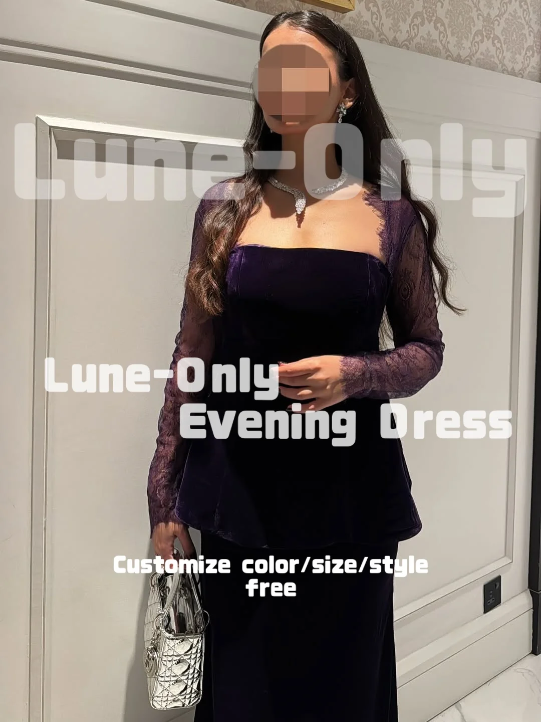 カスタマイズされたレース長袖パープルベルベットイブニングドレスフォーマルな機会のためのシンプルな甘いウエディングドレスパーティードレス
