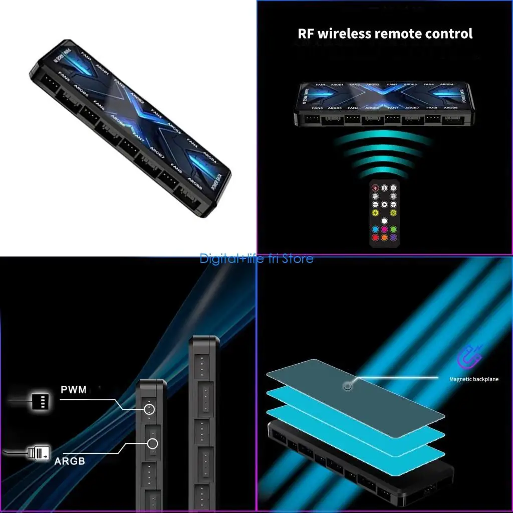 

E06D RGBs Case Fan Hubs With PWM Functionality, 5V 3 Pin and 12V 4 Pin Support, SATAs Powered for Fans and 8 Port for LEDs