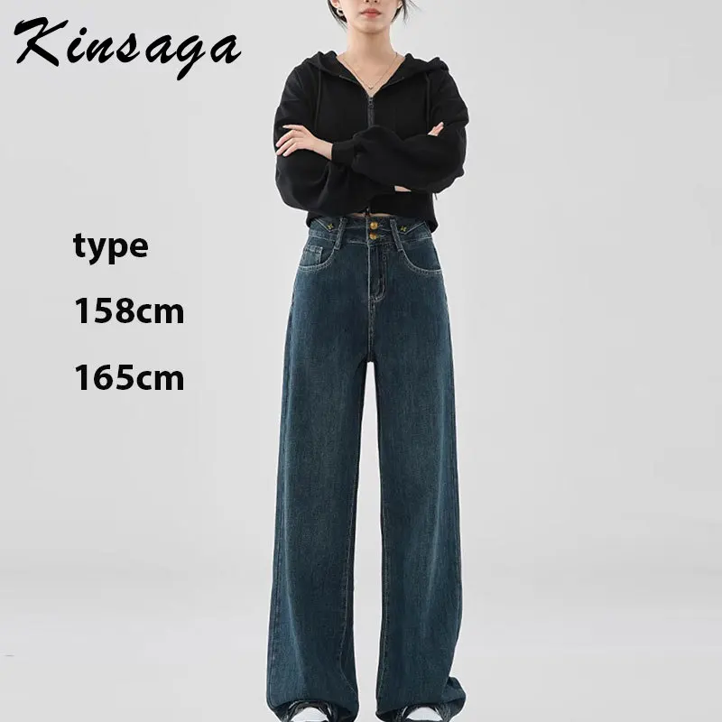 Kinsaga Dark Blue High Waist Straight Mopping Pants Women Korean Loose Double Breasted Wide Leg Jeans Vintage Tall Girl Pants