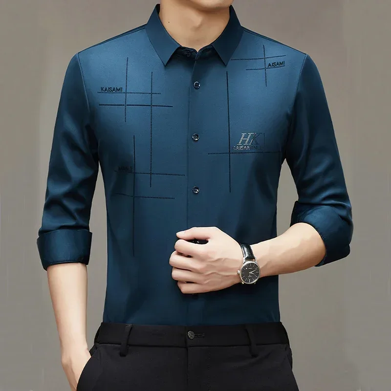 High elastic quality autumn men\'s long sleeved shirt new seamless shirt wrinkle resistant and ironless business dress shirt