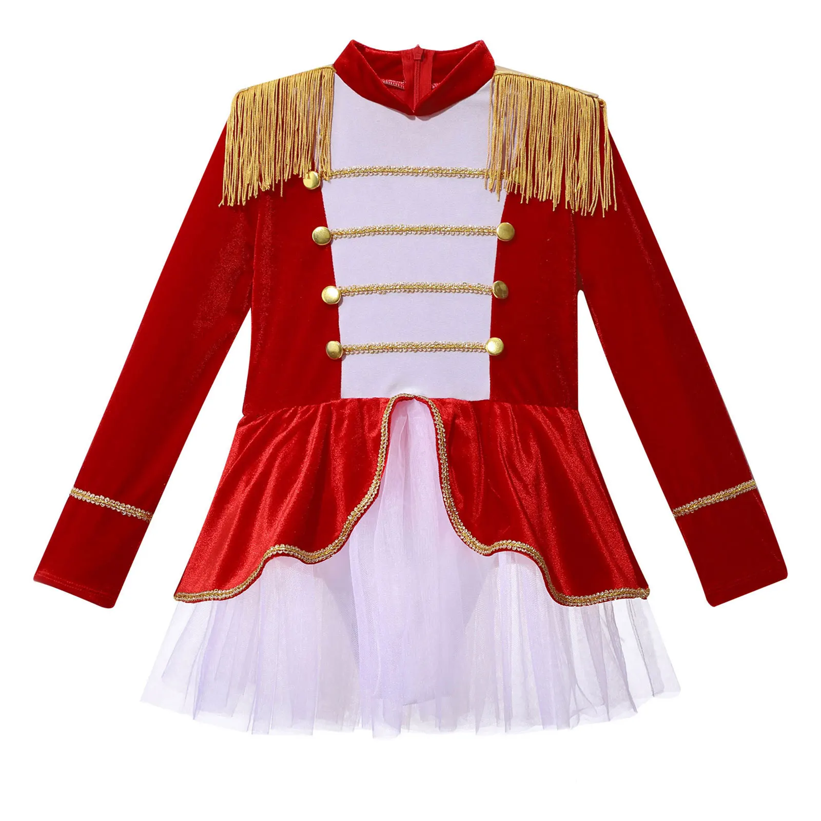 Kids Girls Halloween Christmas Circus Ringmaster Costume Long Sleeve Mesh Tutu Leotard Dress for Carnival Festival Party Cosplay