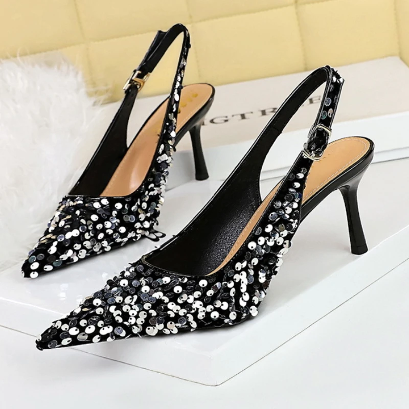 Sequins Luxury Wedge High Heels Women Pumps Pointed Designer Sandals Ankle Straps Gold Silver Glitter Fashion Party Dress Shoes