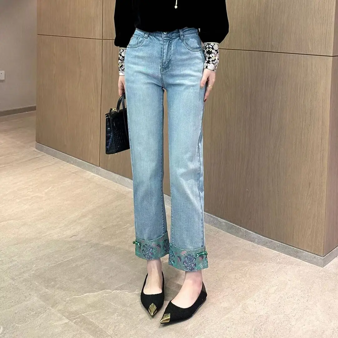 Chinese Style Jeans For Women's Spring Summer 2024 New High Waisted Straight-leg Pants Vintage Denim Trousers