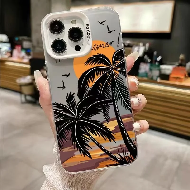 Cool Simple Personality Coconut tree Phone Case For iPhone 15 14 13 12 11 Pro Max X XR XS 7 8 15 Plus SE2 Fashionable Hard Cover