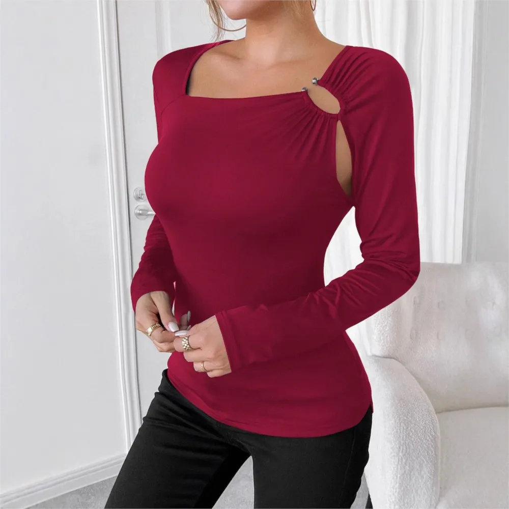 Casual Square Collar Fashion Slim Long Sleeve T-shirt Top Woman Roupas Femininas Elegantes Pullover Vestiti Donna T Shirt Women