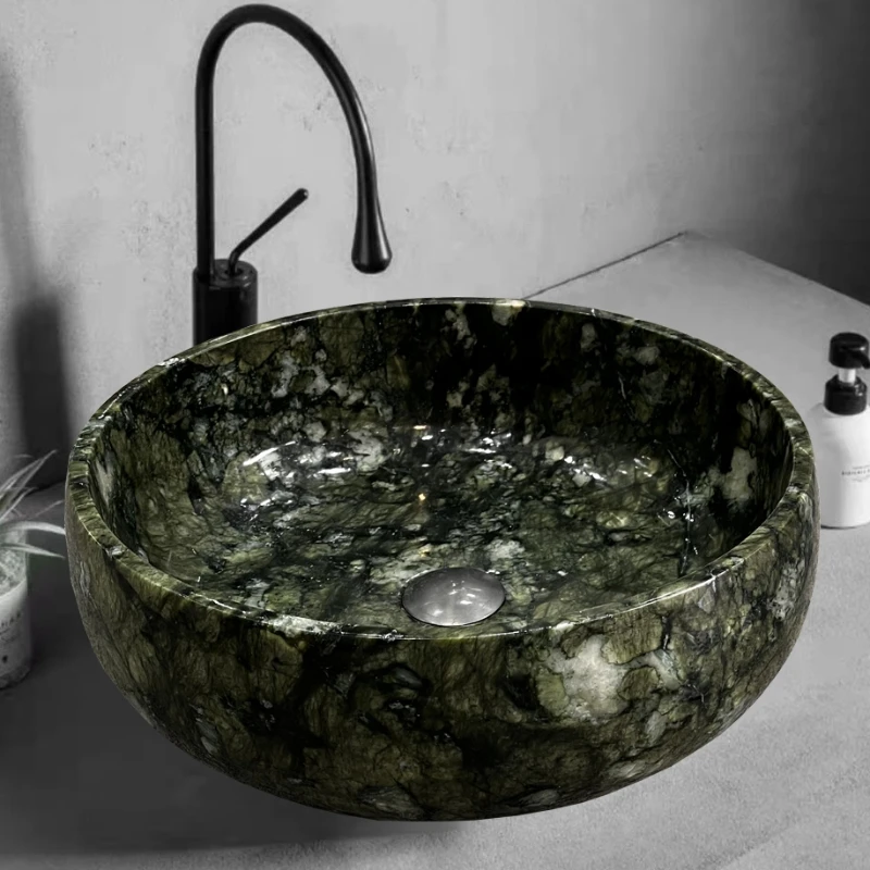 Dandong Green Glazed Jade Stone Material Wash Basin Single Basin Small Size Wash Basin Household Light Luxury Style Round Basin