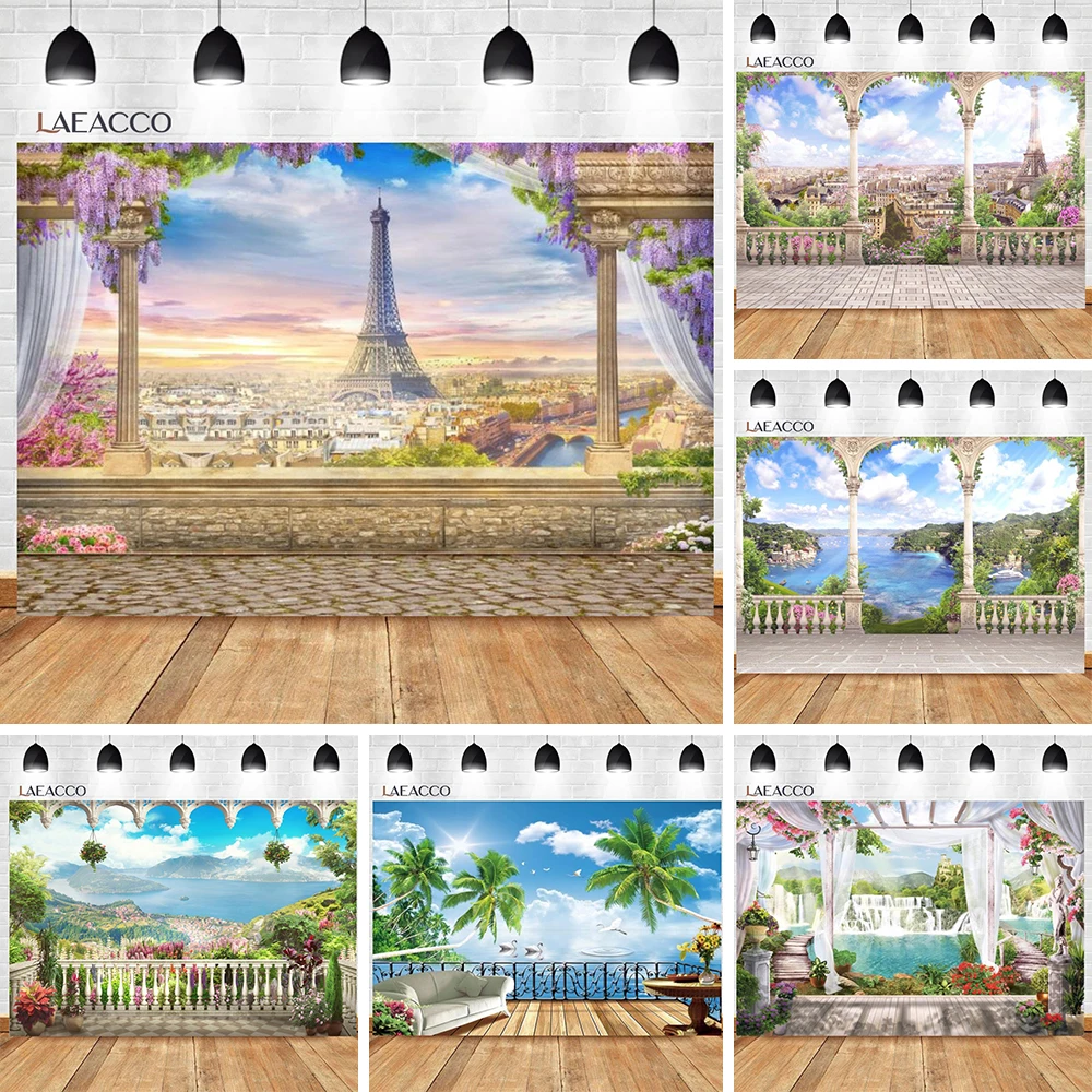 Seaside Garret Arch Door Palms Tree Paris Tower Photography Backgrounds Wedding Love Photo Backdrops Photophone For Photozone