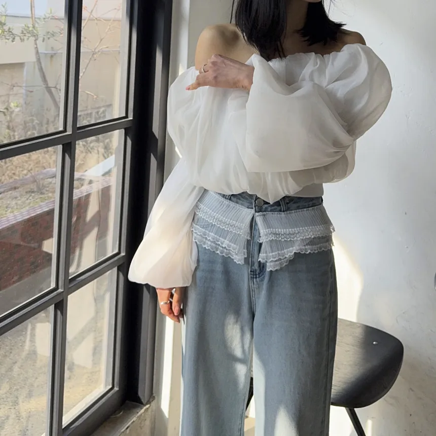 

Womens Top 2026 Spring French Sweet Temperament Off Shoulder Lantern Sleeves Chiffon Shirt Fashionable Temperament Versatile