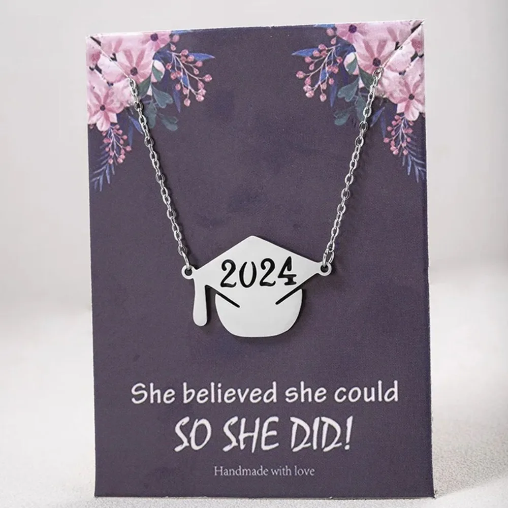 1PC 2024 Graduation Cap Pendant Necklace Card Stainless Steel Graduation Jewelry Accessories Students Gifts