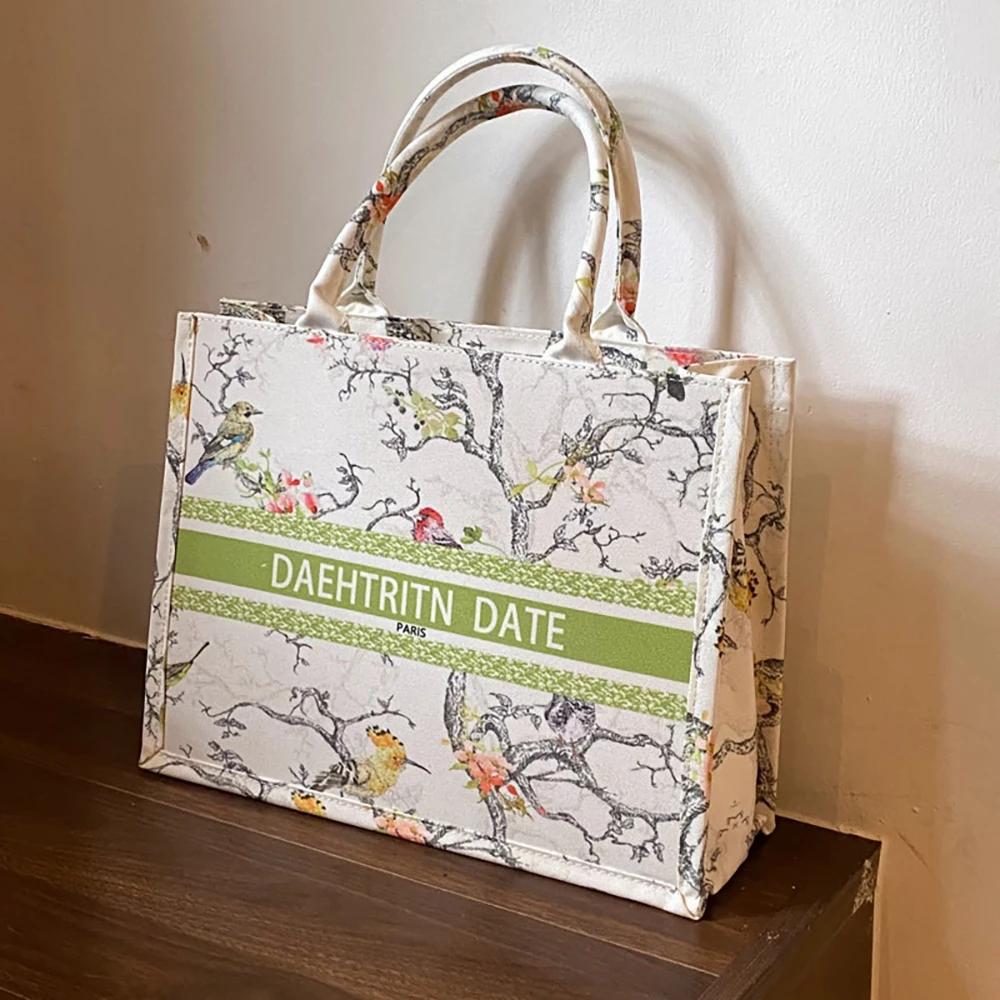 Bolso de mano de lona con estampado exquisito para mujer, bolsa de mano cuadrada de gran capacidad, a la moda