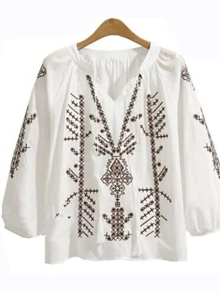 Oladivi Women Fashion Embroidery 3/4 Length Sleeve Blouses 2022 Summer Casual Loose Shirts Oversized Top 6825 XL XXL 3XL 4XL 5XL