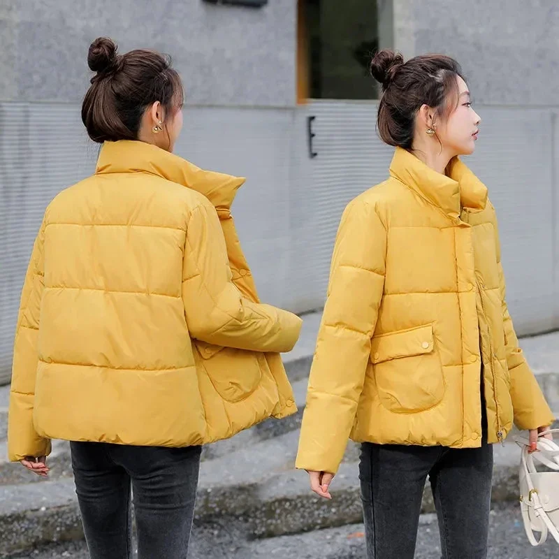 Parkas informales acolchadas con cuello levantado para mujer, chaquetas cortas coreanas de algodón, abrigos ligeros y cálidos, Casaco grueso suelto de una sola botonadura, Invierno