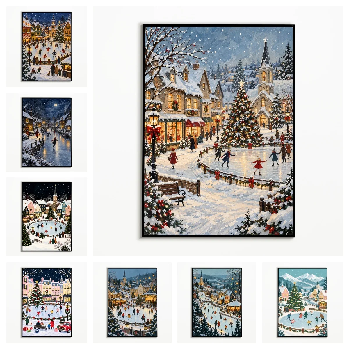 Multiple sizes 1pc frameless Large size Canvas Painting,1PC,Vintage Wall Art Christmas Ice Skating Town Posters Winter Canvas Pa