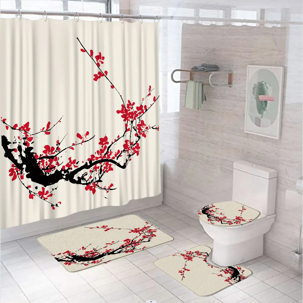 

Janpanese Cherry Blossom Shower Curtain Set Watercolor Red Floral Asian Bathroom Curtains Non-Slip Bath Mat Rug Lid Toilet Cover