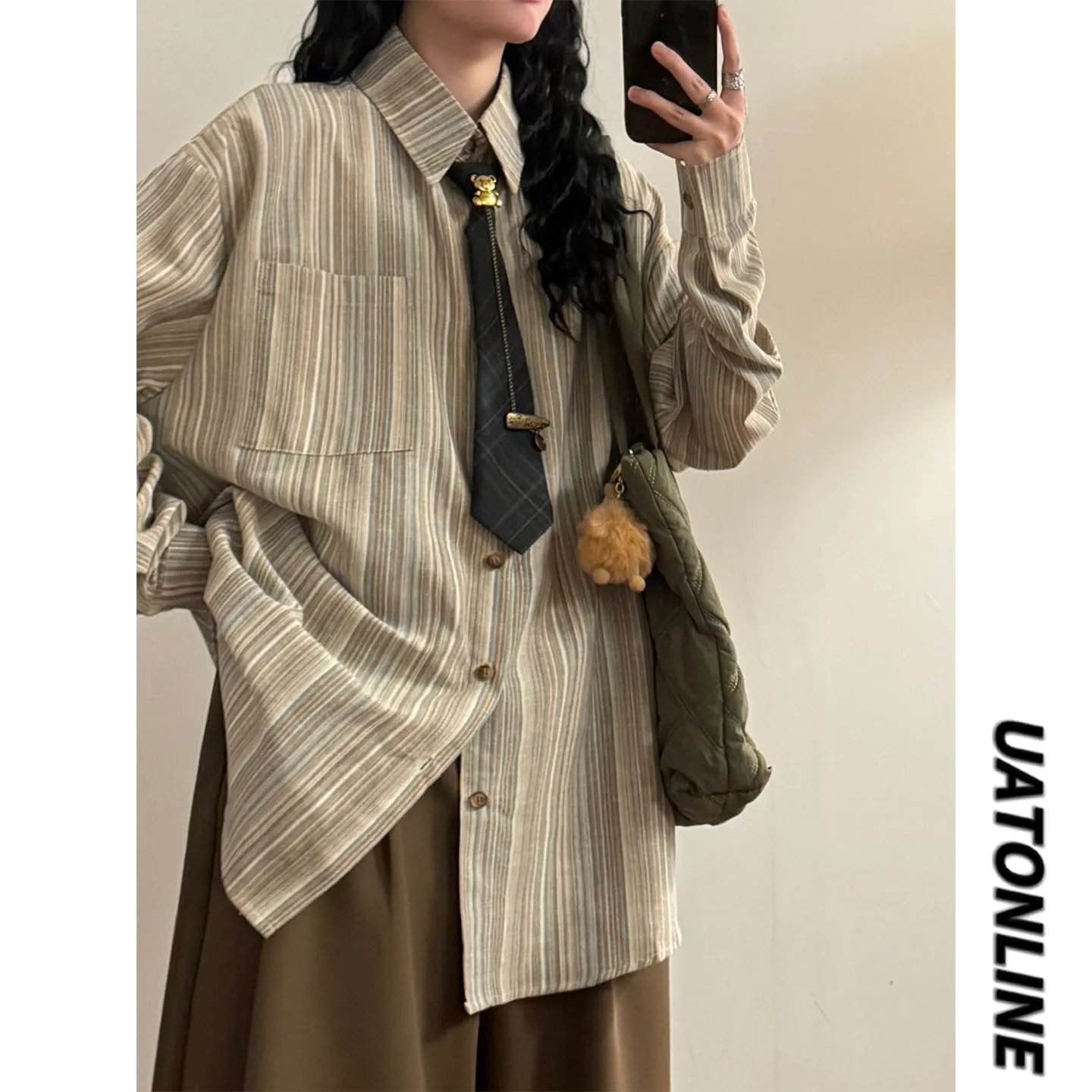 

UATONLINE2026 Spring Japanese Retro Vintage Vertical Stripes Simple Match Long Sve Women's irt Street Sle Loose Fit