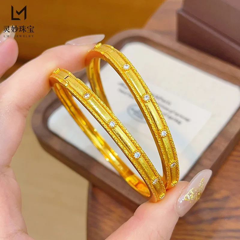 

Роскошные ювелирные изделия из настоящего золота 9999 24 карата, матовый браслет с бриллиантами, блестящий простой круглый браслет с застежкой для женщин, подарок