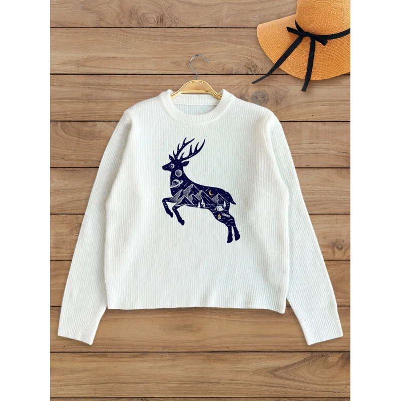 

Женский вязаный пуловер с фиолетовым принтом звездного неба и оленя, толстый, объемный, с круглым вырезом и длинными рукавами, осенне-зимний модный стиль