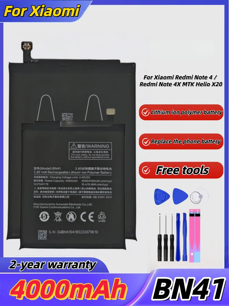 

BN41 4000mAh lithium battery For Xiaomi Redmi Note 4/Redmi Note 4X MTK Helio X20 battery+tool