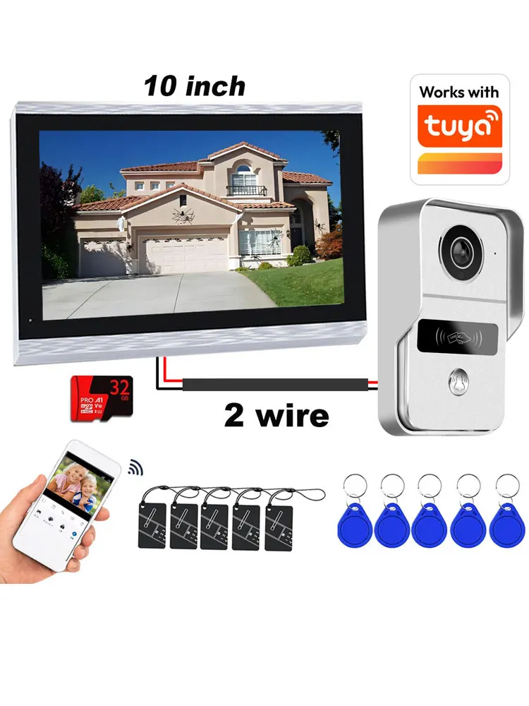 Tuya Wireless Wifi 2-Draht-Video-Türklingelsystem, 1080P-Türsprechanlage, 10-Zoll-Touchscreen, mit 32 GB Karten-Elektroschloss