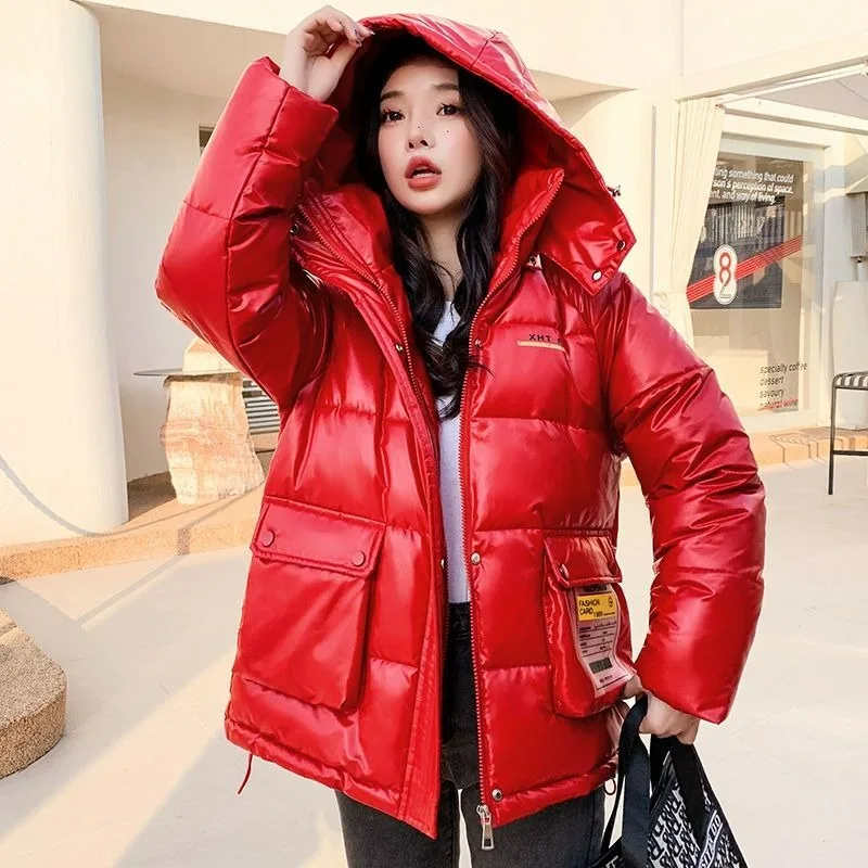 

2023 New Women Padded Winter Jacket Female Bright Face No Wash Parkas Loose Hooded Outwear Shortie Leisure Time Overcoat