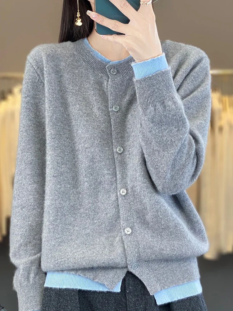 

Women Sweater Cardigans O-neck Fake Two Top Spring Autumn 100% Merino Wool Knitwear Color Blocked Cashmere Korean Style Clothing