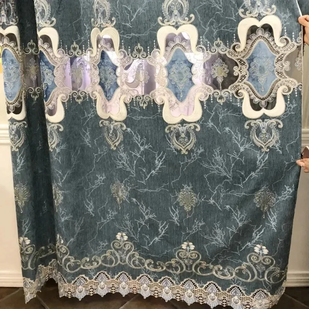 New European Style Hollowed Out Embroidered Curtains Customized Window Screens Living Room Grand Balconies Blue Water-soluble